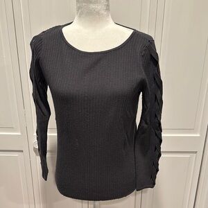 Black Ribbed Knit Top with Braided Sleeves